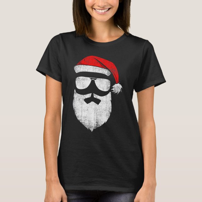Funny Santa Claus Face Sunglasses with Hat Beard C T-Shirt (Front)