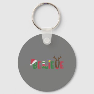 Funny Santa Claus Hat Believe Snowflakes Christmas Keychain