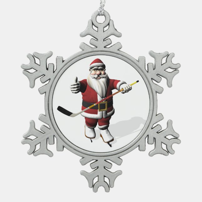 Funny Santa Claus Ice Hockey Player Snowflake Pewter Christmas Ornament (Front)