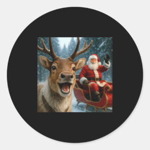 Funny Santa Claus In Sleigh With Reindeer Christma Classic Round Sticker