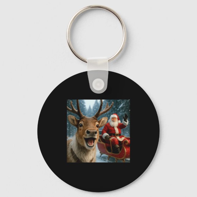 Funny Santa Claus In Sleigh With Reindeer Christma Keychain (Front)