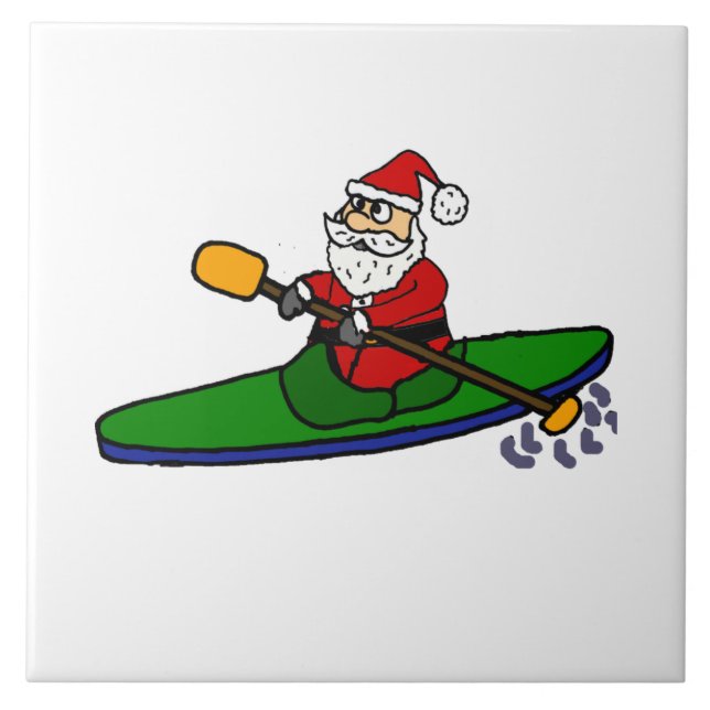 Funny Santa Claus Kayaking Christmas Cartoon Tile (Front)