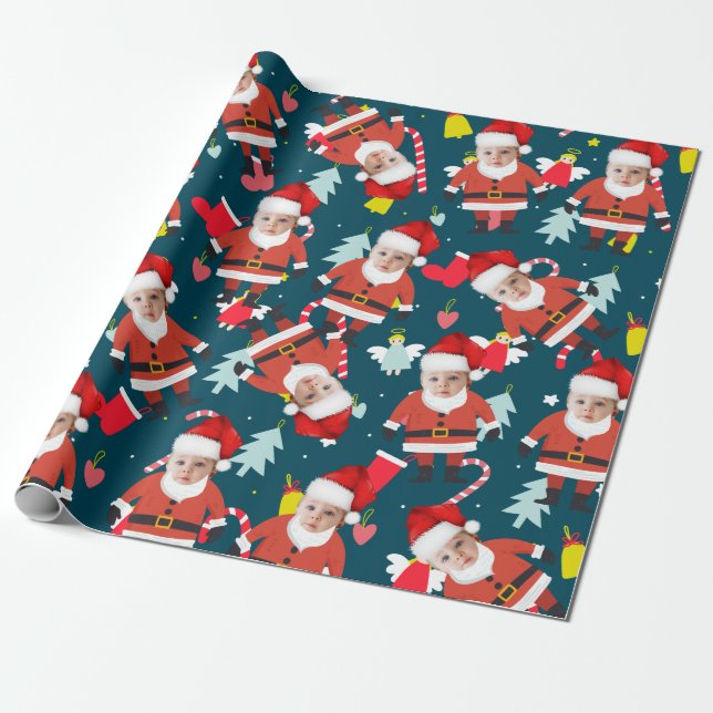 Funny Santa Claus Merry Christmas Custom Face Wrapping Paper (Unrolled)