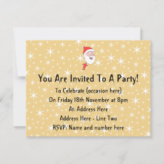 Funny Santa Claus, on Gold Colour Star Pattern. Invitation
