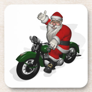 Funny Santa Claus On Green Vintage Motorbike Coaster