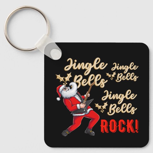 Funny Santa Claus Playing Guitar Christmas  Keychain (Front)
