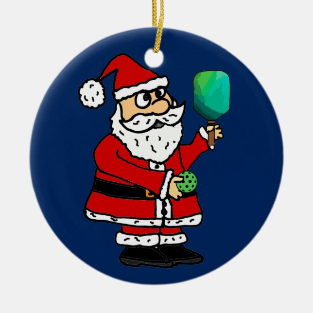 Funny Santa Claus Playing Pickleball Christmas Ceramic Ornament (Front)