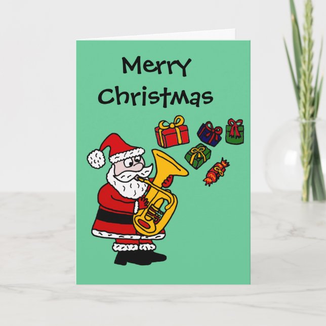 Funny Santa Claus Playing Tuba Christmas Art Holiday Card (Front)