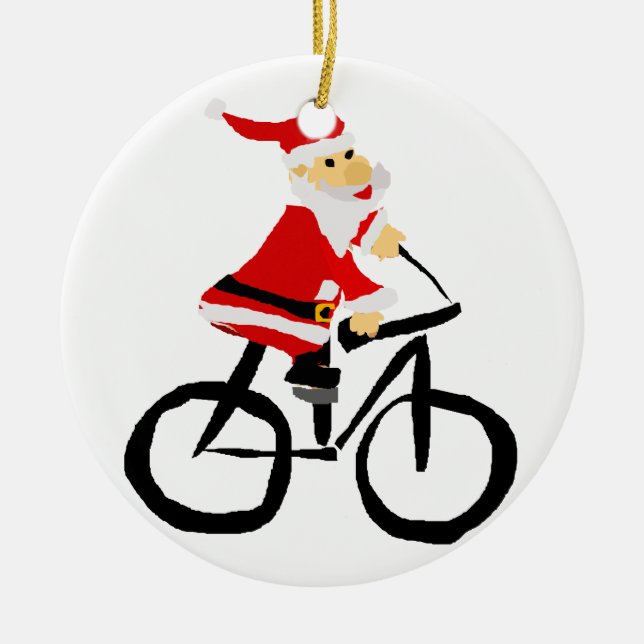 Funny Santa Claus Riding Bicycle Christmas Art Ceramic Ornament (Front)