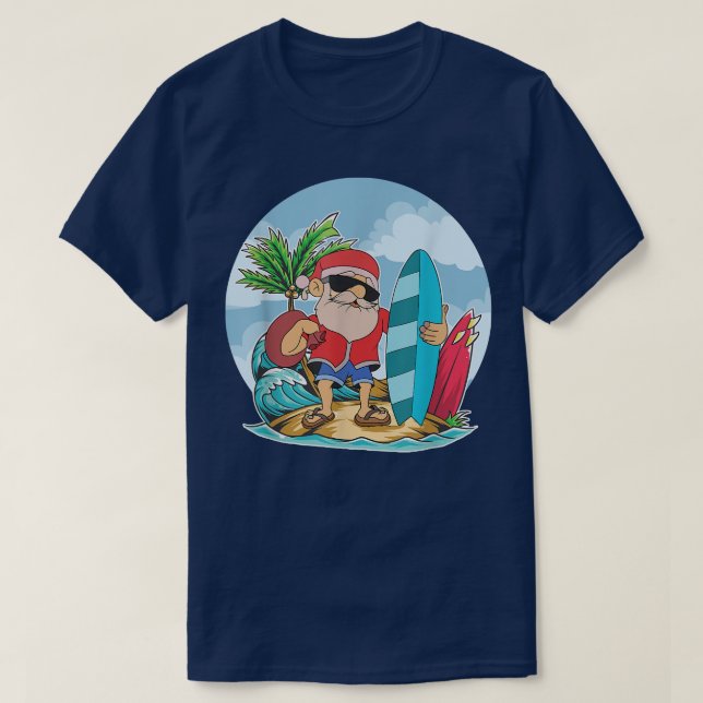 Funny Santa Claus Surfing Summer Hawaiian Christma T-Shirt (Design Front)