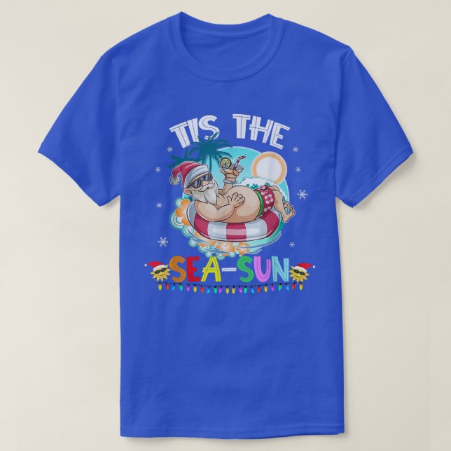 Funny Santa Claus Swiming Tis the SeaSun Christmas T-Shirt (Design Front)