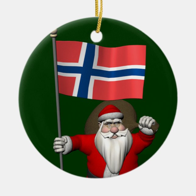 Funny Santa Claus With Flag Of Norway Ceramic Ornament (Front)