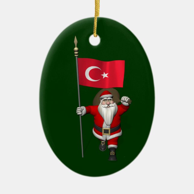 Funny Santa Claus With Flag Of Turkey Ceramic Ornament (Front)