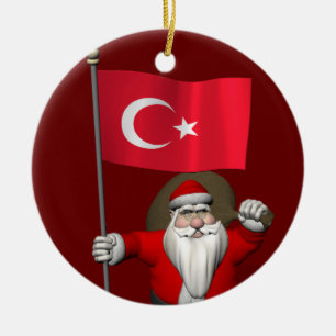 Funny Santa Claus With Flag Of Turkey Ceramic Ornament