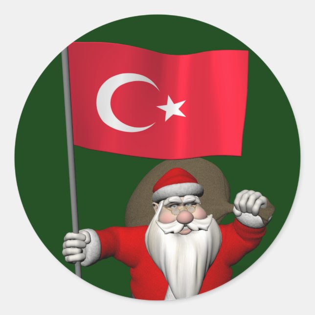 Funny Santa Claus With Flag Of Turkey Classic Round Sticker (Front)