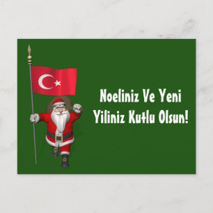 Funny Santa Claus With Flag Of Turkey Holiday Postcard