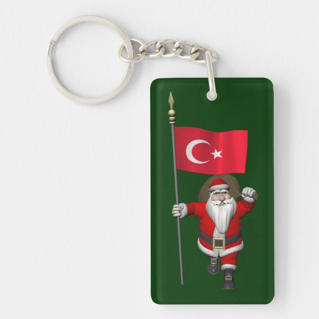 Funny Santa Claus With Flag Of Turkey Keychain (Front)