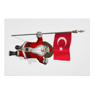 Funny Santa Claus With Flag Of Turkey Poster