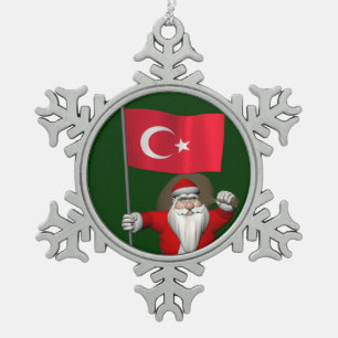 Funny Santa Claus With Flag Of Turkey Snowflake Pewter Christmas Ornament