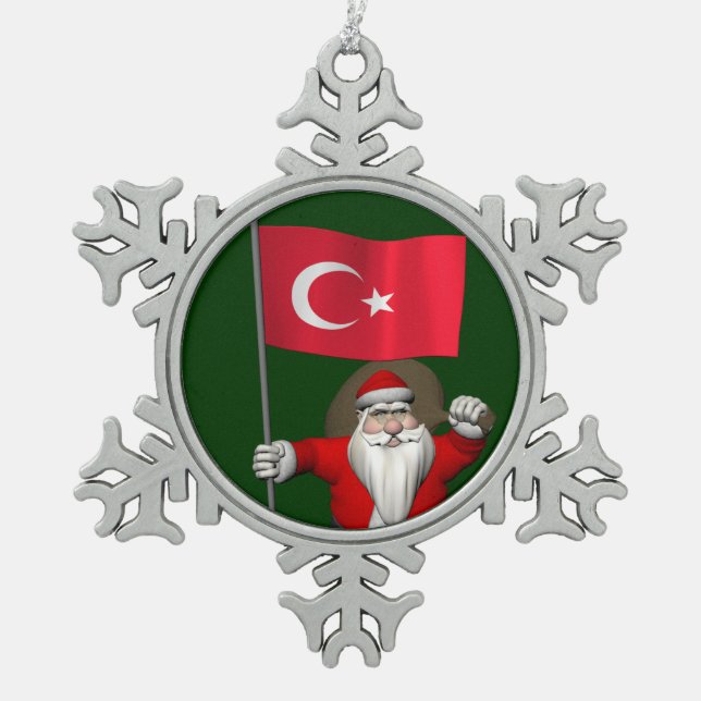 Funny Santa Claus With Flag Of Turkey Snowflake Pewter Christmas Ornament (Front)