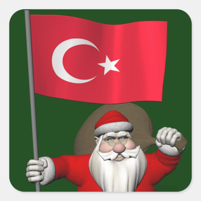 Funny Santa Claus With Flag Of Turkey Square Sticker (Front)