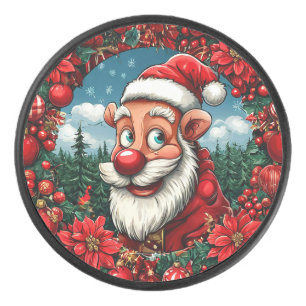Funny Santa Claus with Wreath and Ornaments Hockey Puck