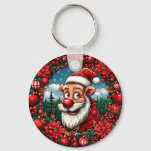 Funny Santa Claus with Wreath and Ornaments Keychain