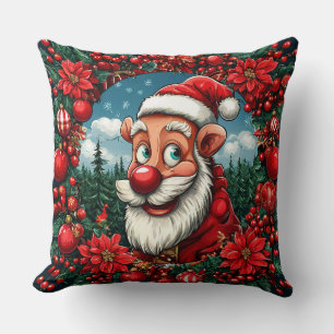Funny Santa Claus with Wreath and Ornaments Throw Pillow