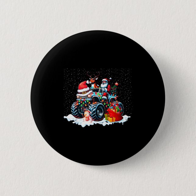 Funny Santa Clause Riding Monster Red Truck Xmas T 2 Inch Round Button (Front)