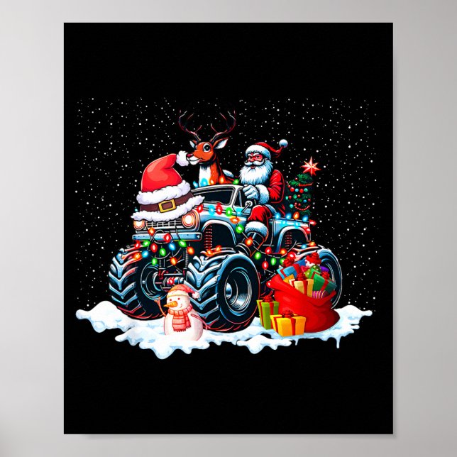 Funny Santa Clause Riding Monster Red Truck Xmas T Poster (Front)