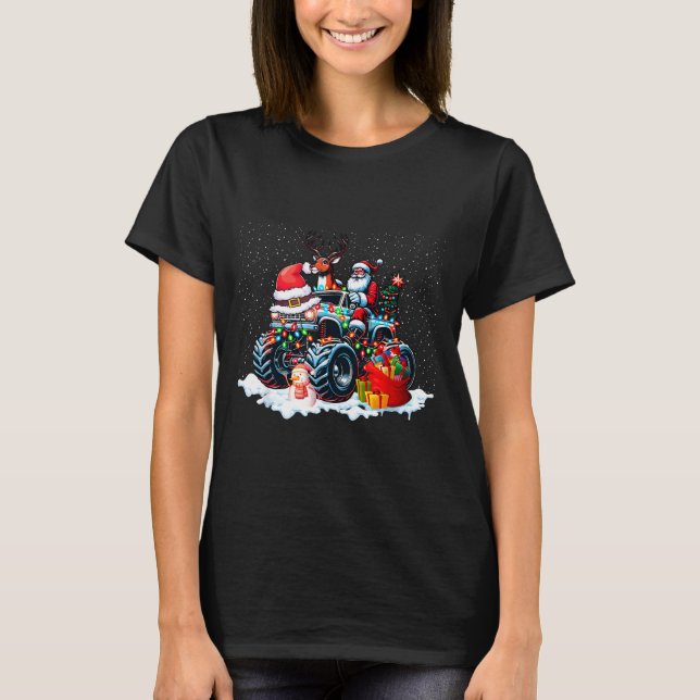 Funny Santa Clause Riding Monster Red Truck Xmas T T-Shirt (Front)