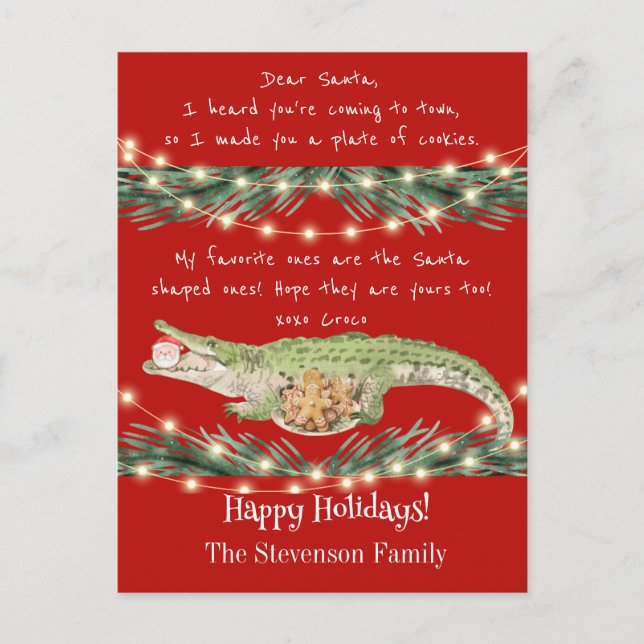 Funny Santa Cookies Red Festive Gator  Holiday Postcard (Front)