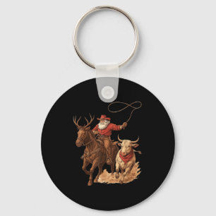 Funny Santa Cowboy Rodeo Reindeer Western Horse Ro Keychain