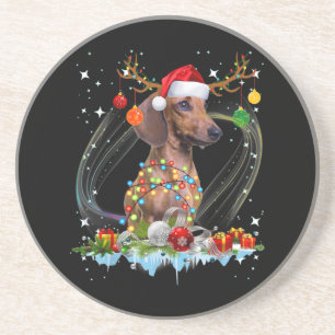 Funny Santa Dachshund Reindeer Light Christmas Coaster