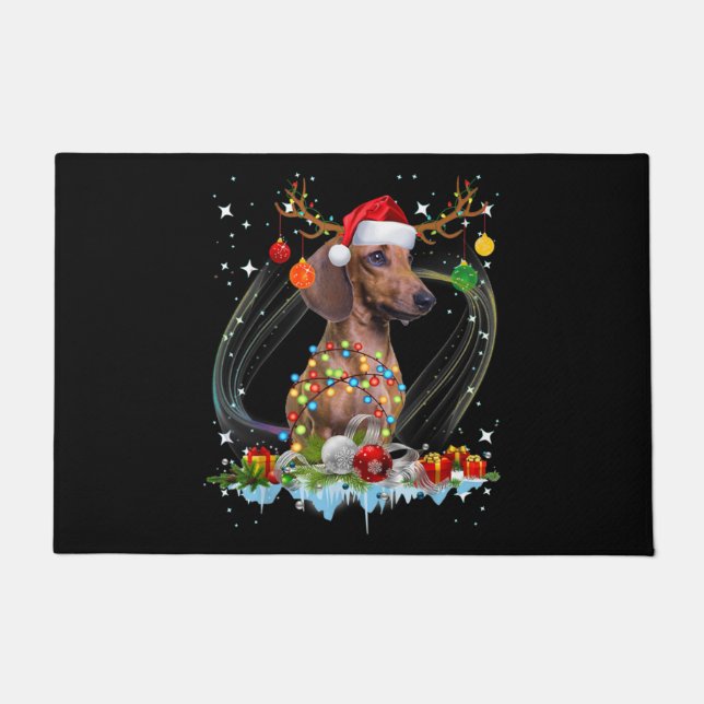 Funny Santa Dachshund Reindeer Light Christmas Doormat (Front)