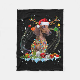 Funny Santa Dachshund Reindeer Light Christmas Fleece Blanket