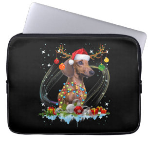 Funny Santa Dachshund Reindeer Light Christmas Laptop Sleeve