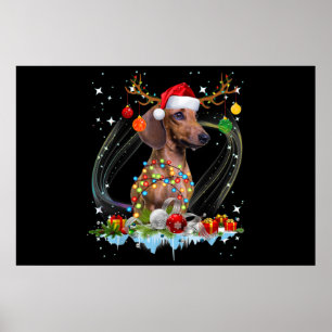 Funny Santa Dachshund Reindeer Light Christmas Poster