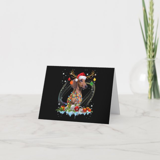 Funny Santa Dachshund Reindeer Light Christmas Thank You Card (Front)