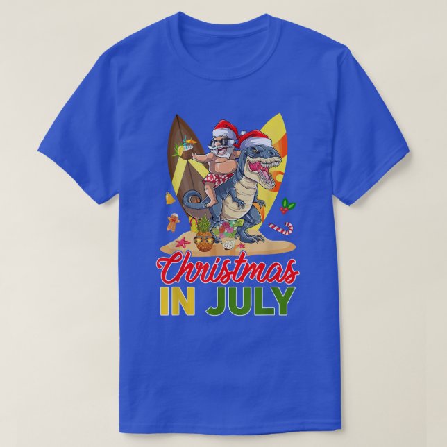 Funny Santa & Dinosaur T Rex Summer Vibes Christma T-Shirt (Design Front)