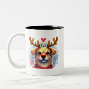 Funny Santa Dog Red nose deer Two-Tone Coffee Mug