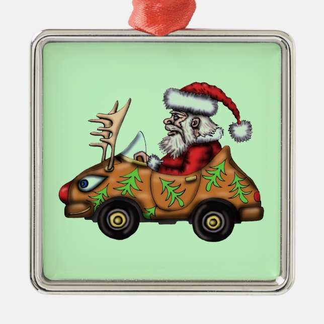 Funny Santa driver on Rudolph car tree ornament (Front)