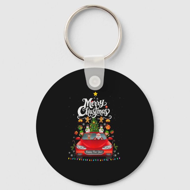 Funny Santa Driving Wagon Red Truck Christmas Tree Keychain (Front)