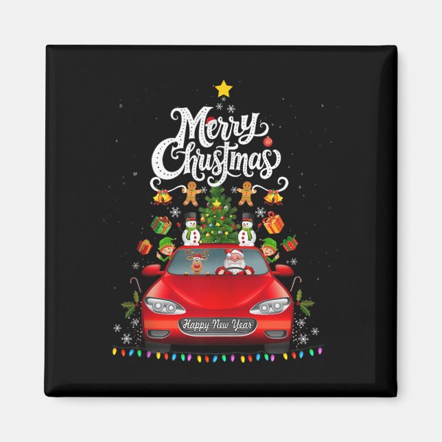 Funny Santa Driving Wagon Red Truck Christmas Tree Magnet (Front)