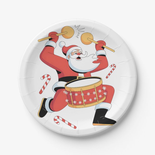 Funny Santa Drummer Ugly Christmas Xmas Drumming  Paper Plate (Front)