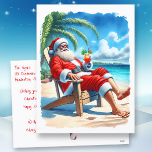 Funny Santa Enjoying a Cocktail on the Beach  Holiday Postcard