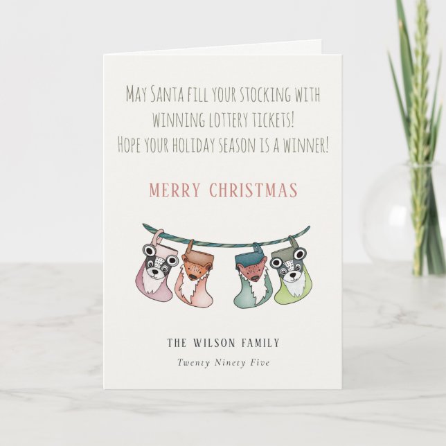 Funny Santa Fills Stockings With Lottery Christmas Holiday Card (Front)