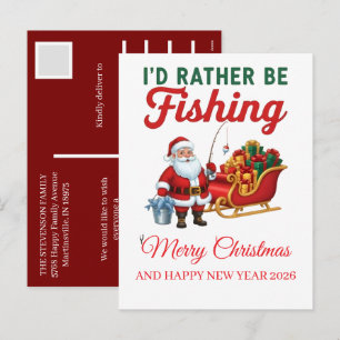 Funny Santa Fishing Christmas 2025 Elegant Script Holiday Postcard