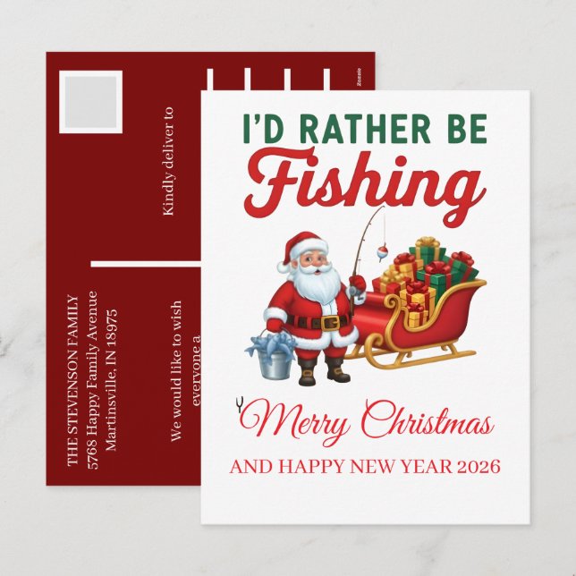 Funny Santa Fishing Christmas 2025 Elegant Script  Holiday Postcard (Front/Back)