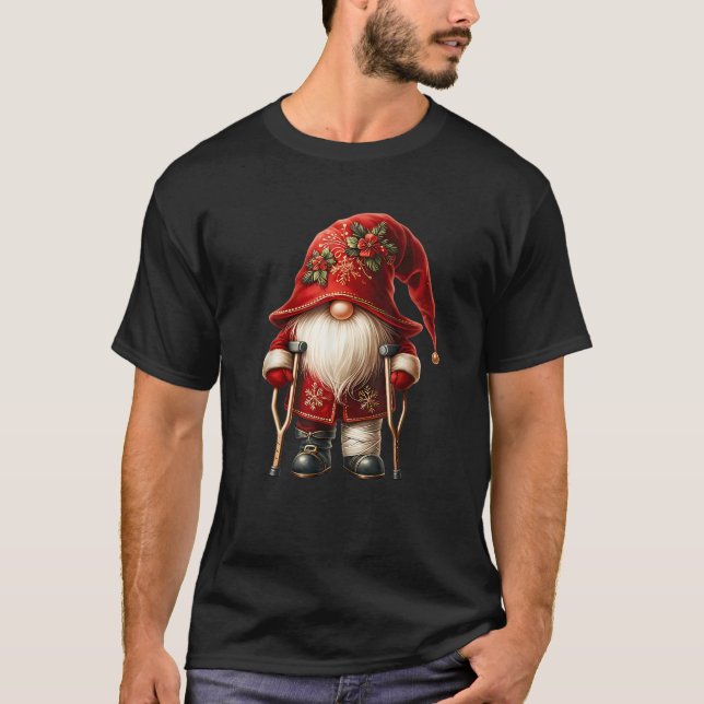 Funny Santa Gnome With Broken Leg And Crutches For T-Shirt (Front)